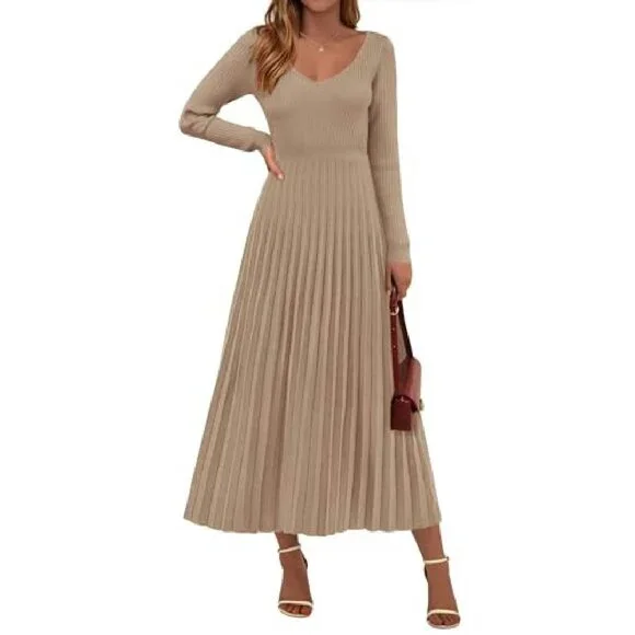 Ribbed Knit Sweater Dress Long Sleeve V Neck A Line Maxi Winter